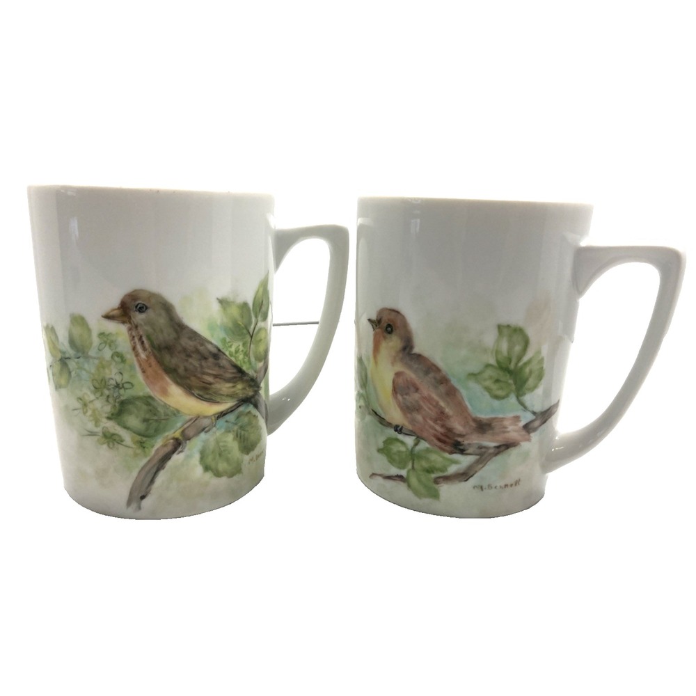 Pair Of Vtg Hand Painted Bird Mugs Porcelain Signed M Bennett